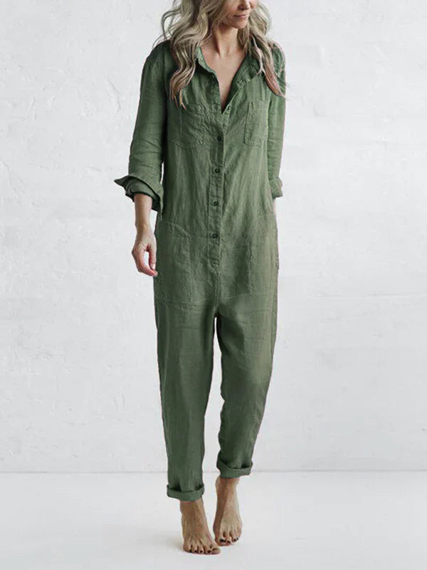 Brenda -  Lässiger, langärmliger Jumpsuit mit Knopfleiste und Reverstasche