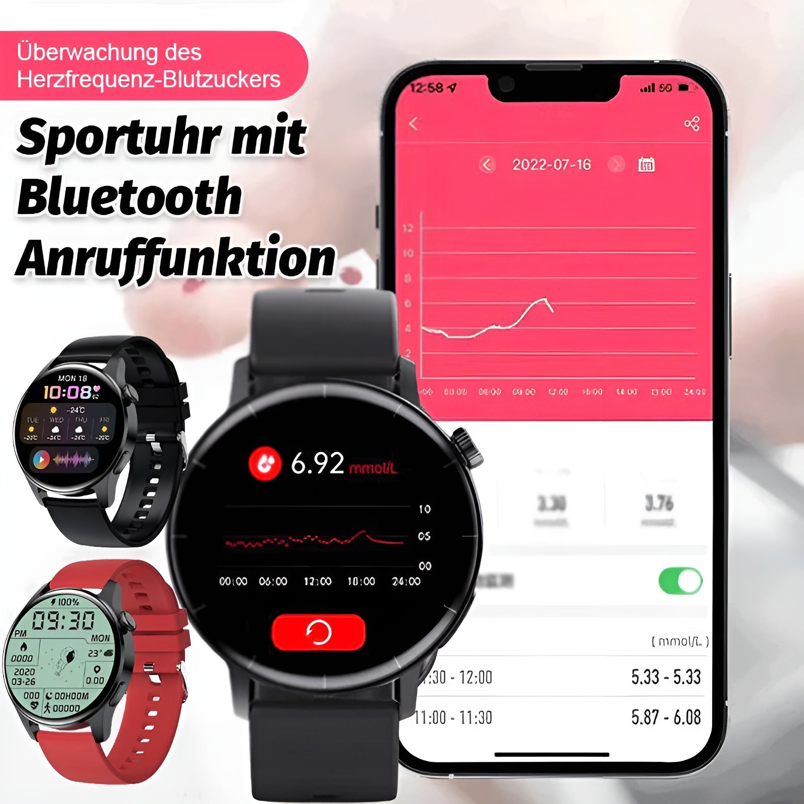 HealthTech - Herzfrequenz- und Blutzuckermessung, Sportuhr mit Bluetooth-Anruf | 50% RABATT