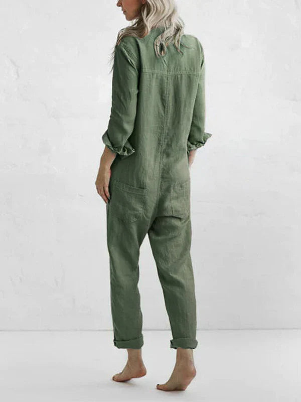 Brenda -  Lässiger, langärmliger Jumpsuit mit Knopfleiste und Reverstasche