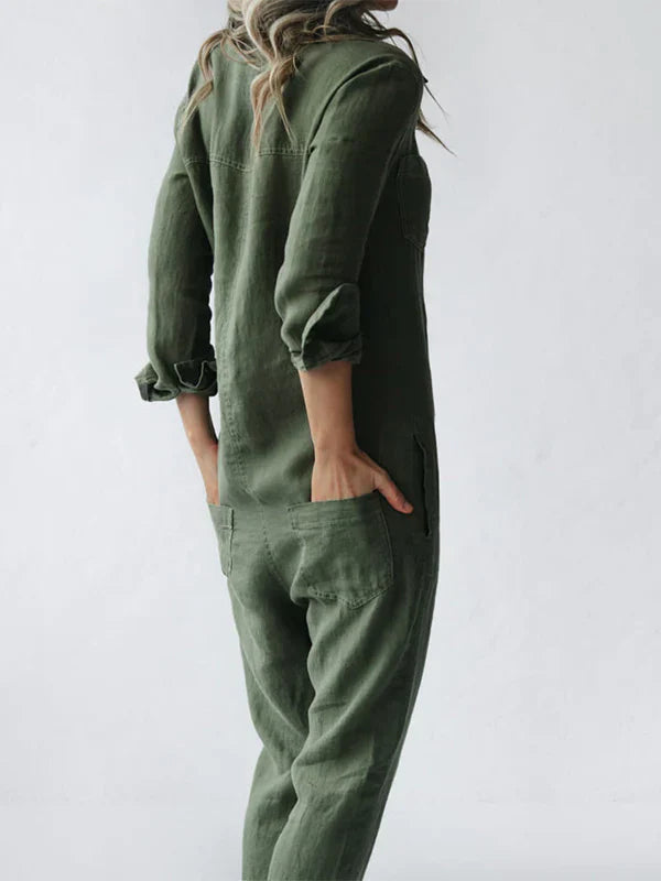 Brenda -  Lässiger, langärmliger Jumpsuit mit Knopfleiste und Reverstasche