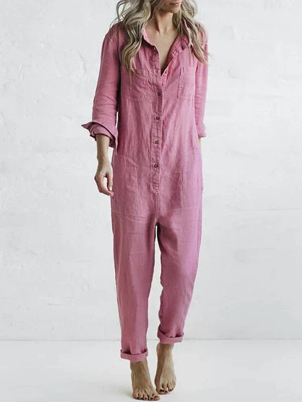 Brenda -  Lässiger, langärmliger Jumpsuit mit Knopfleiste und Reverstasche
