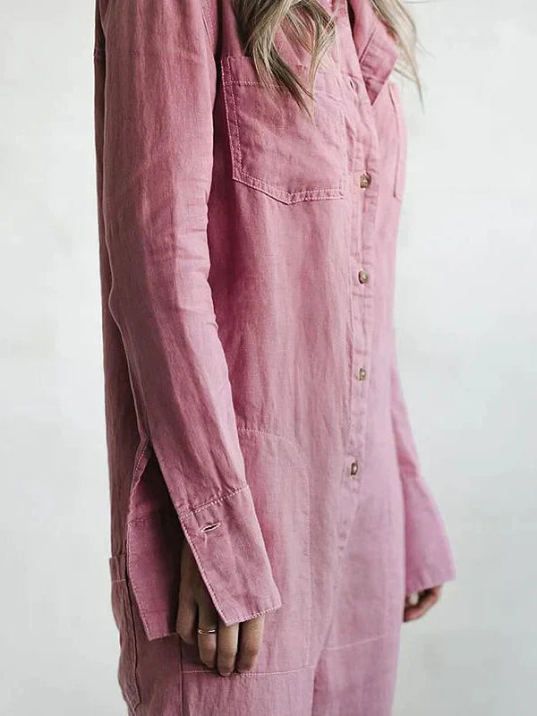 Brenda -  Lässiger, langärmliger Jumpsuit mit Knopfleiste und Reverstasche