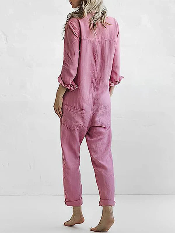 Brenda -  Lässiger, langärmliger Jumpsuit mit Knopfleiste und Reverstasche