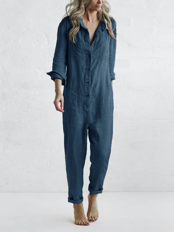 Brenda -  Lässiger, langärmliger Jumpsuit mit Knopfleiste und Reverstasche