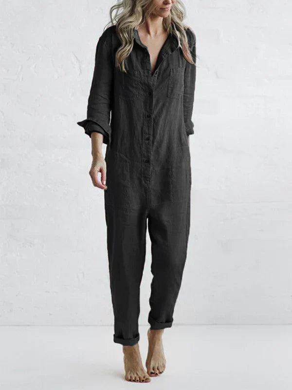 Brenda -  Lässiger, langärmliger Jumpsuit mit Knopfleiste und Reverstasche