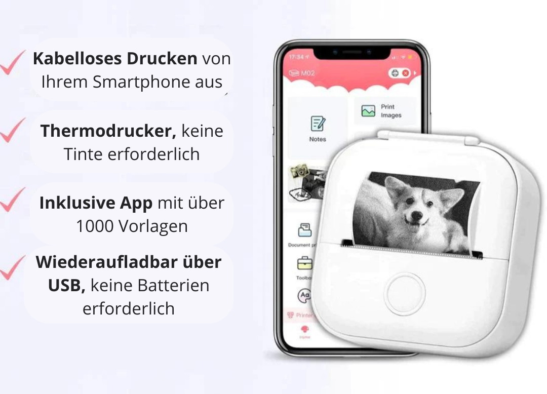 Mini-Drucker + kostenloses Druckpapier - Der Drucker, der nie Tinte braucht | 50% RABATT