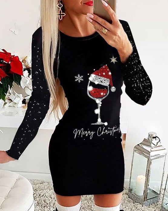 Schwarzes Weihnachtskleid mit Weinglasdruck | 50% RABATT