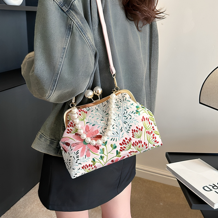 Handtasche Damen - Vintage Flower Bag Mit Luxuriösen Perlengriffen