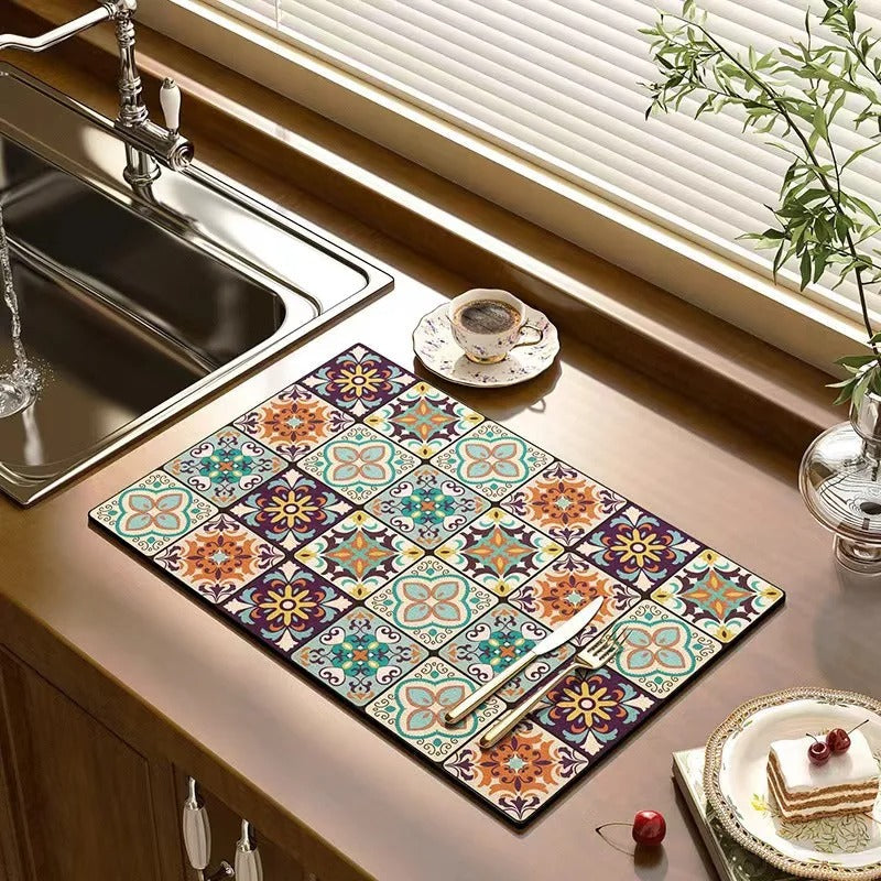 Waschbare Küchenarbeitsplattenmatte – saugfähiges Blumendesign für Stil und Funktionalität