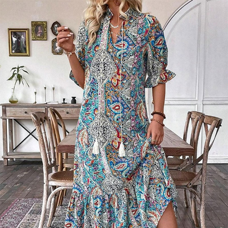 Sommerkleid Damen - Elegantes V-Ausschnitt Blumenmuster für warme Tage