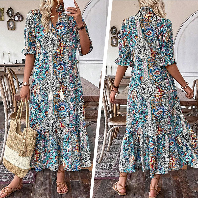 Sommerkleid Damen - Elegantes V-Ausschnitt Blumenmuster für warme Tage