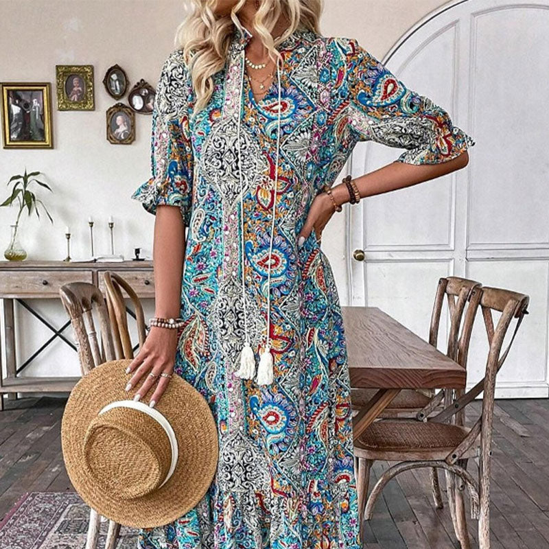 Sommerkleid Damen - Elegantes V-Ausschnitt Blumenmuster für warme Tage