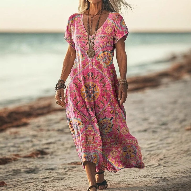 Bedrucktes kurzärmeliges langes Kleid mit V-Ausschnitt für Frauen